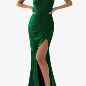 Andybridal Women's One Shoulder Green Satin Split Mermaid Evening Dress SZ 8